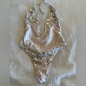 Miami Swim Cream Halter One-Piece with Silver Gem Embellishments